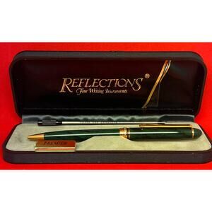 Reflections Premier Ballpoint Pen Green Marble Gold Tone w/ Case & Papers